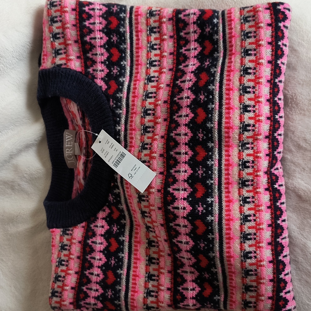 J. CREW FAIR ISLE CREWNECK PRINT SWEATER RED PINK NAVY COMFY COZY CASUAL WINTER